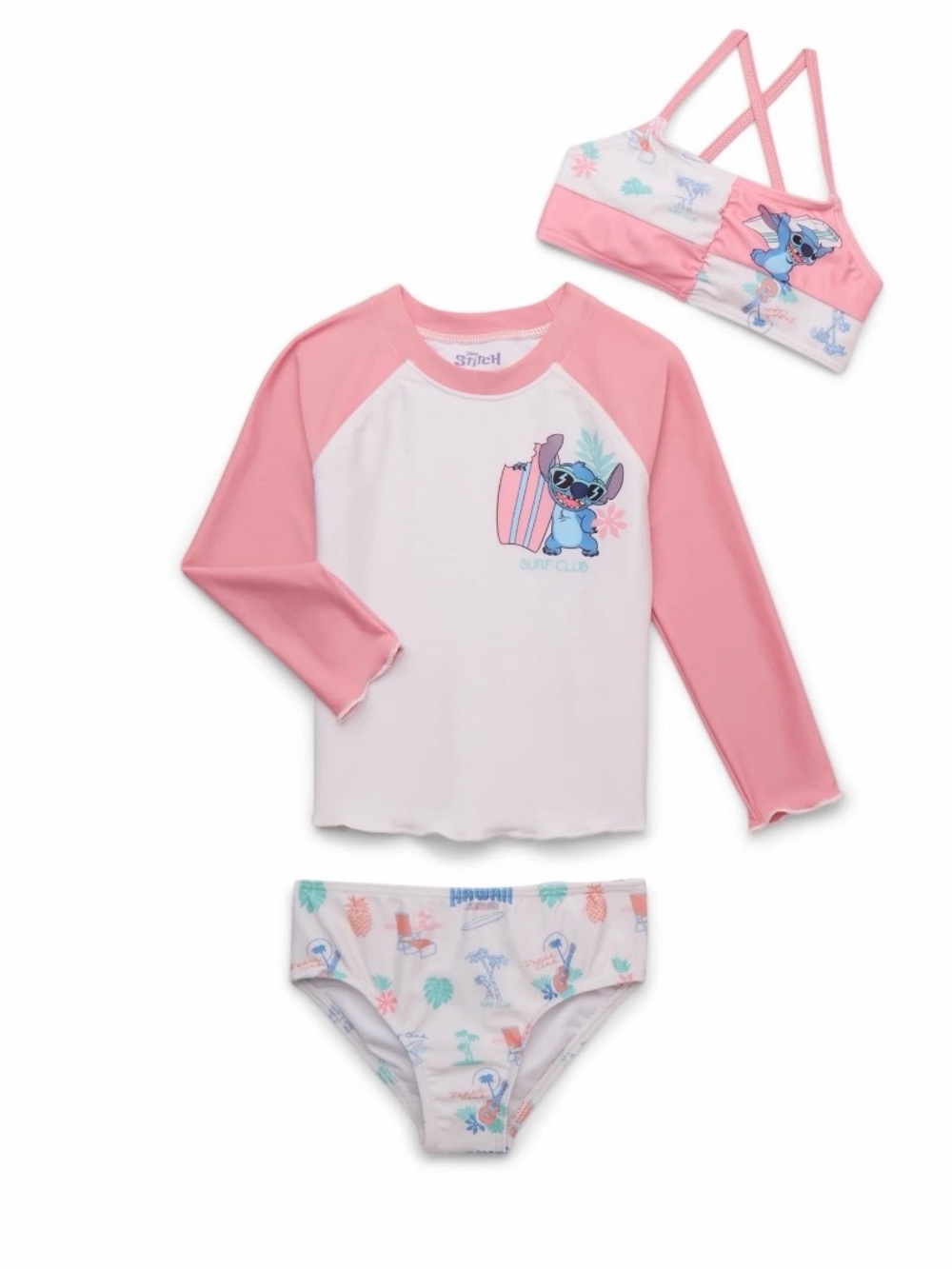 Disney Girls Pink and White Stitch 3-Piece Rash Guard Swim Set